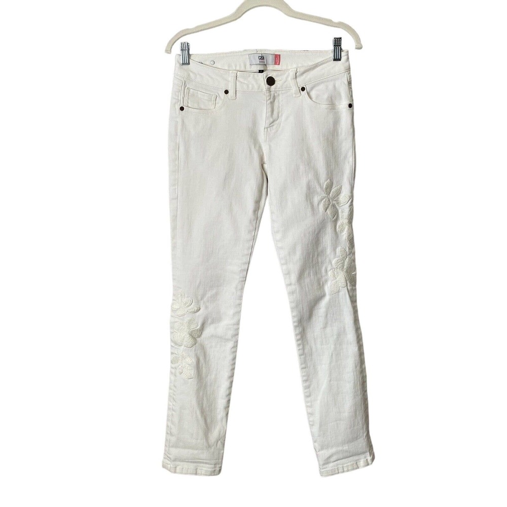 CAbi Women's Cream Slim Boyfriend Floral Embroidered Low Rise Jeans - Size 2
